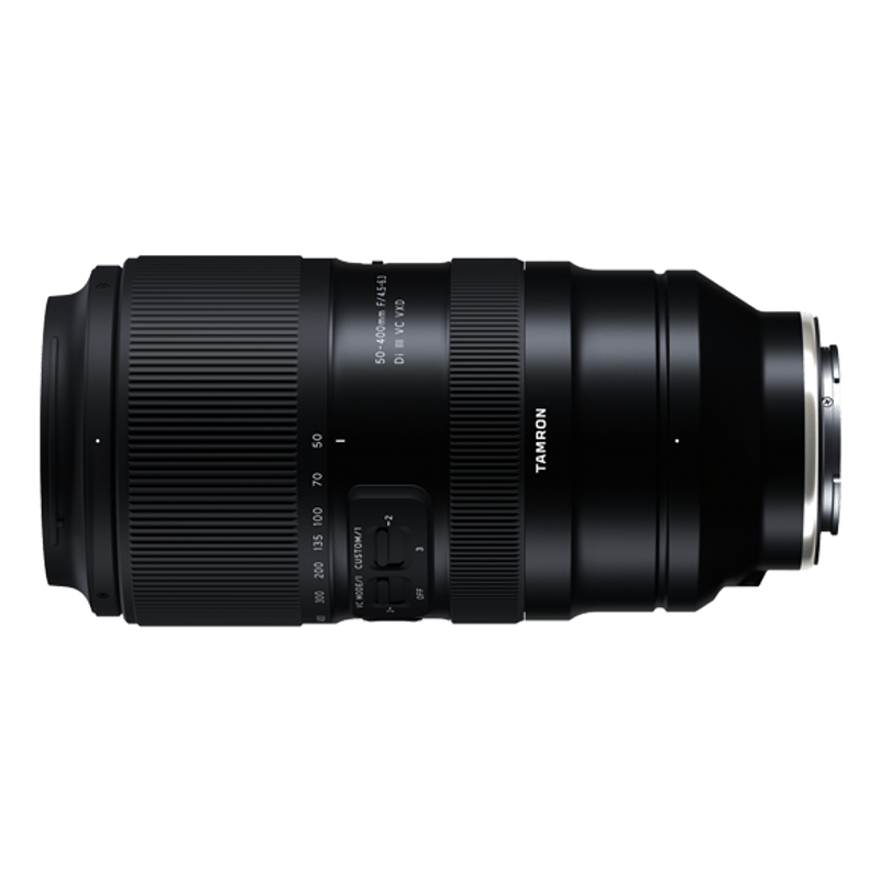 Black telephoto zoom lens with tactile ring and printed focal-length scale