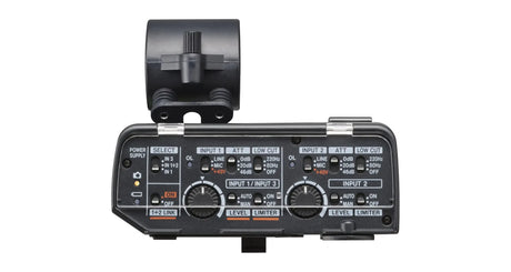 Back panel of XLR audio adapter with input channels and level controls, black