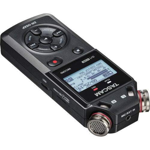 Portable audio recorder side view with LCD, control pad, and dual metal microphone caps