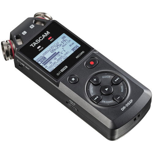 Portable audio recorder angled view with red record button and LCD display