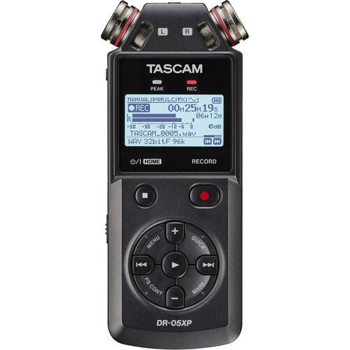 Tascam portable audio recorder with LCD screen, transport buttons, and two metal mic caps