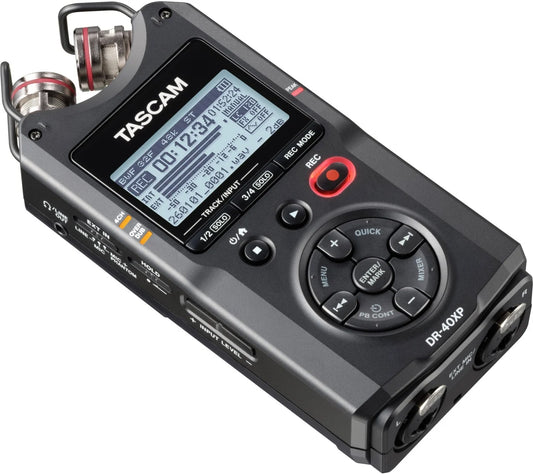 Înregistrator audio portabil TASCAM DR-40XP, negru, cu ecran și butoane.