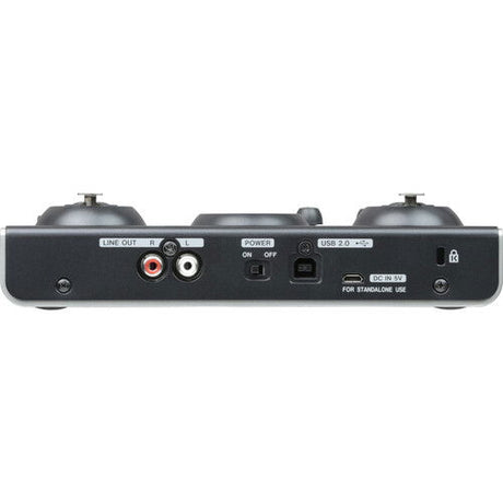 Tascam US-42B audio interface rear panel with USB 2.0, power, and Line Out jacks