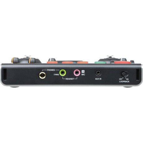 Tascam US-42B audio interface side panel with PHONES jack, mic and AUX IN ports