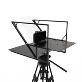 Teleprompter negru pe trepied, cu cadru frontal și suport pentru cameră/telefon