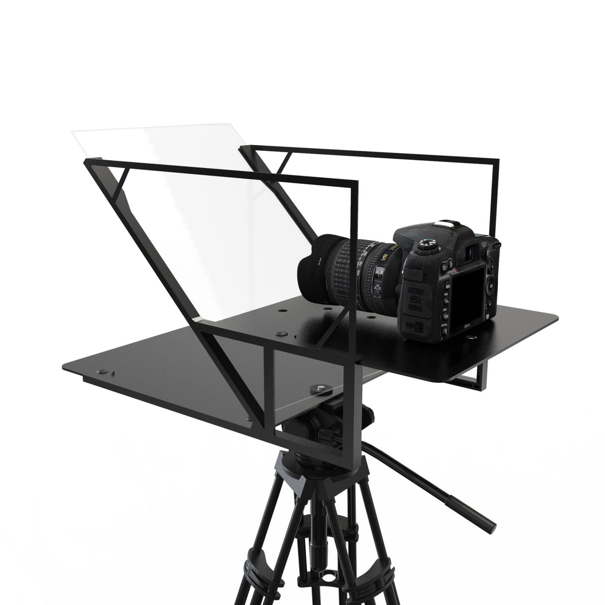 Teleprompter pe trepied cu cameră foto montată pe platformă