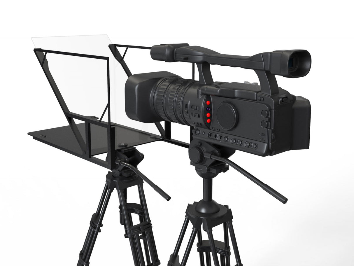 Teleprompter cu cameră și lentilă, montat pe trepied cu suport frontal