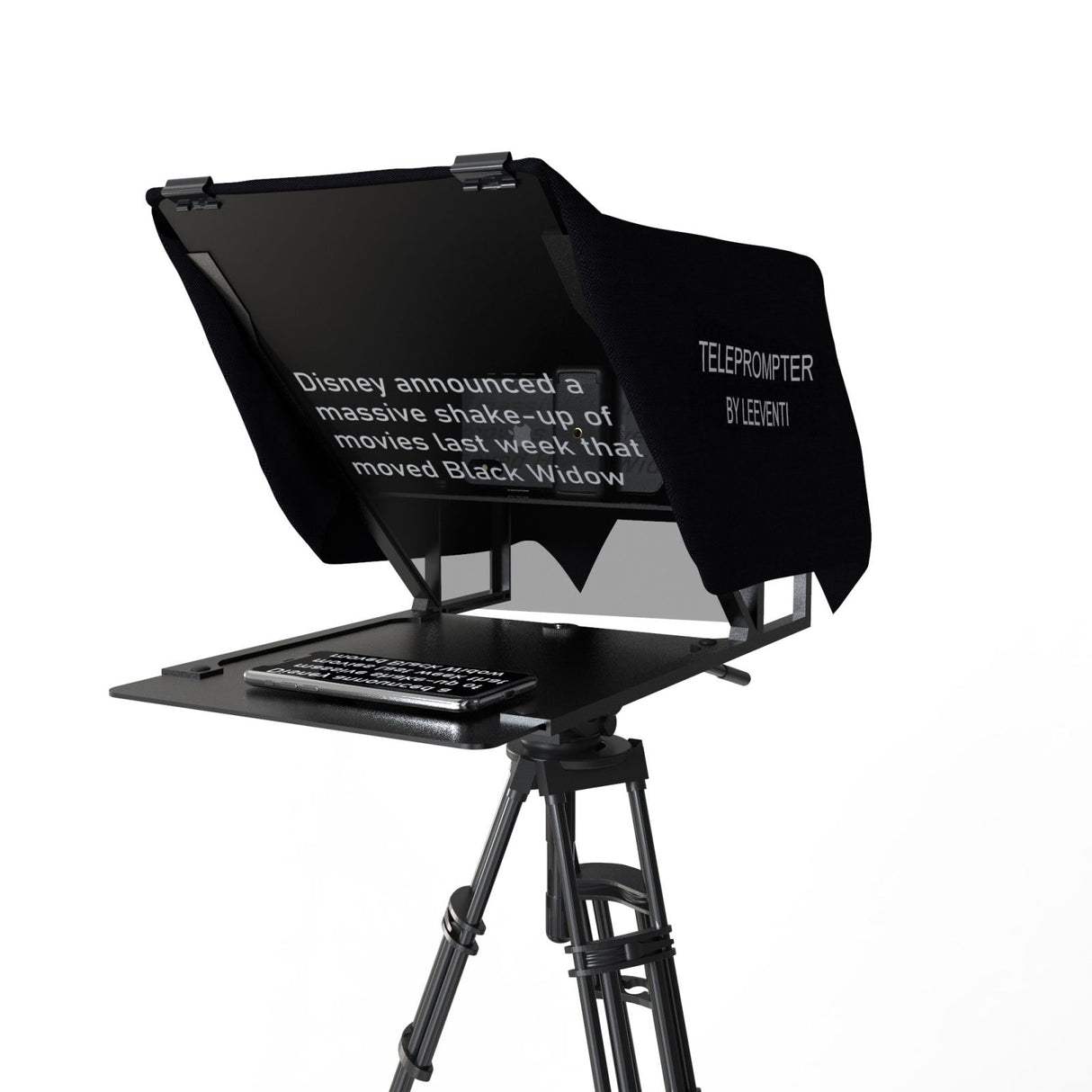 Teleprompter pe trepied, ecran rabatat cu text pe afișaj