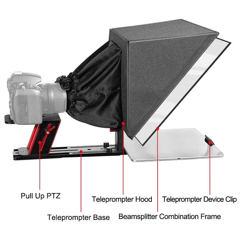 Teleprompter hood and device clip with pull-up PTZ and beamsplitter base frame