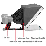 Teleprompter hood and device clip with pull-up PTZ and beamsplitter base frame