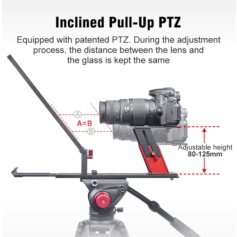 Inclined pull-up PTZ teleprompter arm with adjustable height on tripod