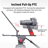 Inclined pull-up PTZ teleprompter arm with adjustable height on tripod