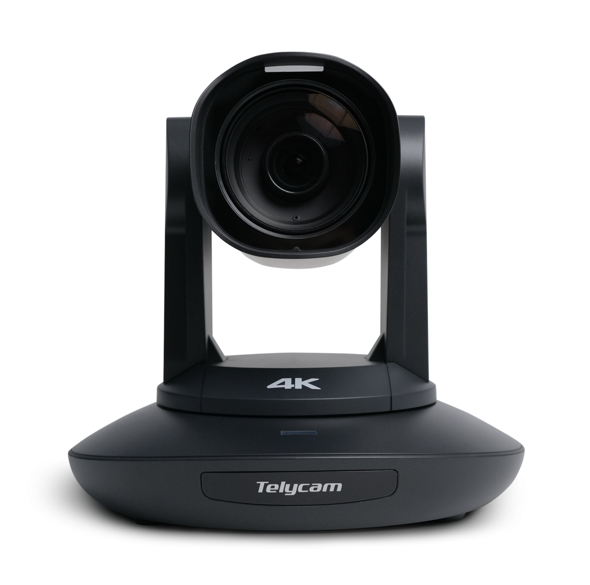 Cameră PTZ Telycam cu obiectiv negru și inscripție 4K, pe bază rotundă