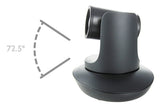 Black PTZ camera head and base, showing 72.5° tilt angle