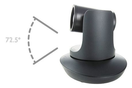 Black PTZ camera head and base, showing 72.5° tilt angle