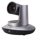 Silver PTZ video conferencing camera with large zoom lens on pedestal base