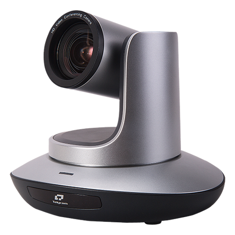 Silver PTZ video conferencing camera with large zoom lens on pedestal base