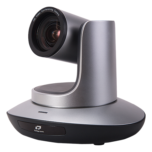 PTZ video conferencing camera head and lens on circular base, gray with black