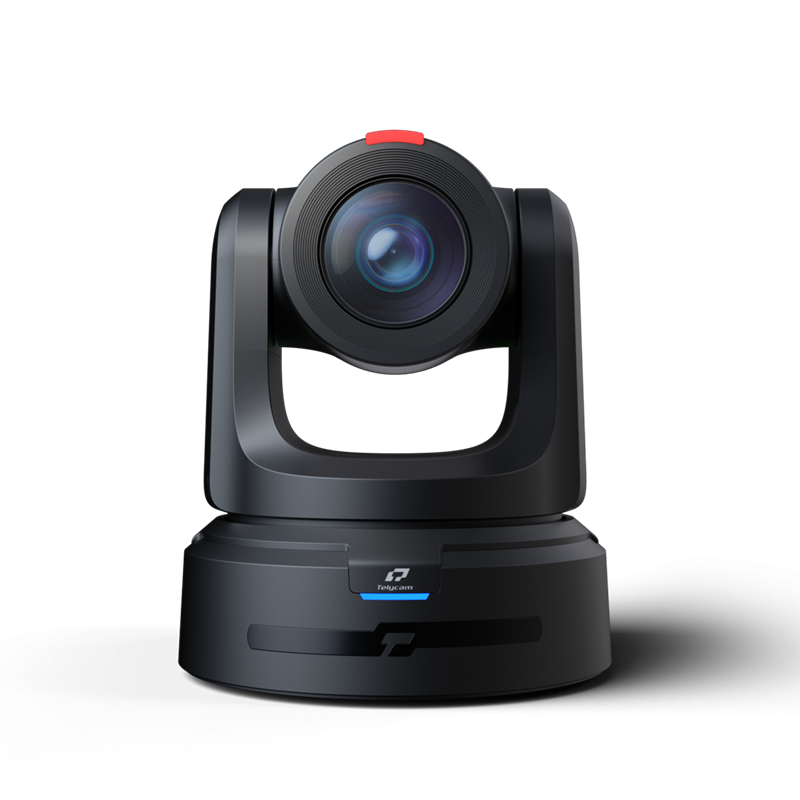 Black PTZ camera, front view with large circular lens and pan-tilt frame