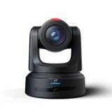 Black PTZ camera, front view with large circular lens and pan-tilt frame