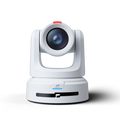 White PTZ camera, centered front view with large circular lens