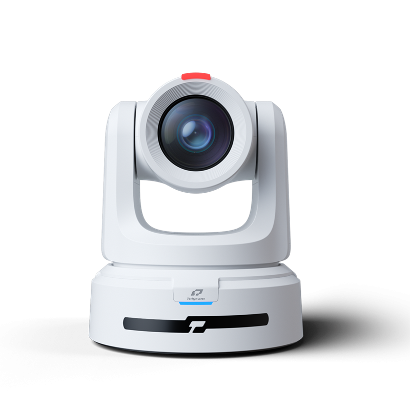 White PTZ camera, centered front view with large circular lens