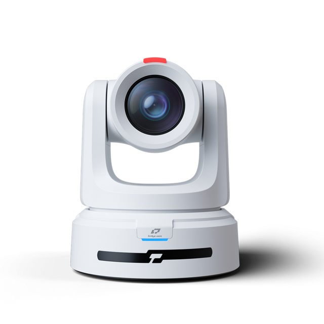 White PTZ camera, centered front view with large circular lens