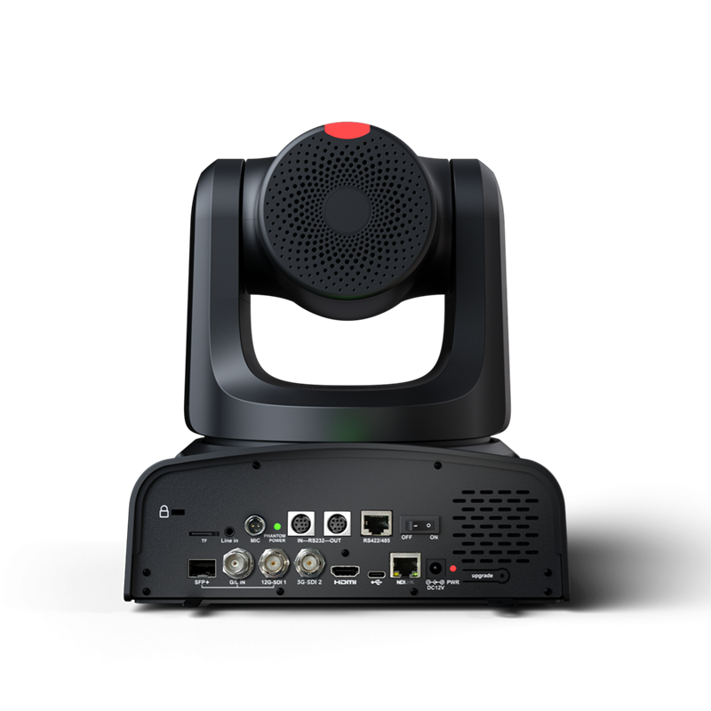 Black PTZ camera base with rear I/O ports, switches, and ventilation grille