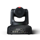 Black PTZ camera base with rear I/O ports, switches, and ventilation grille
