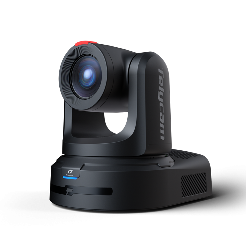 Black PTZ video conference camera, side view with extended lens barrel