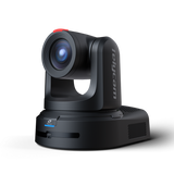 Black PTZ video conference camera, side view with extended lens barrel