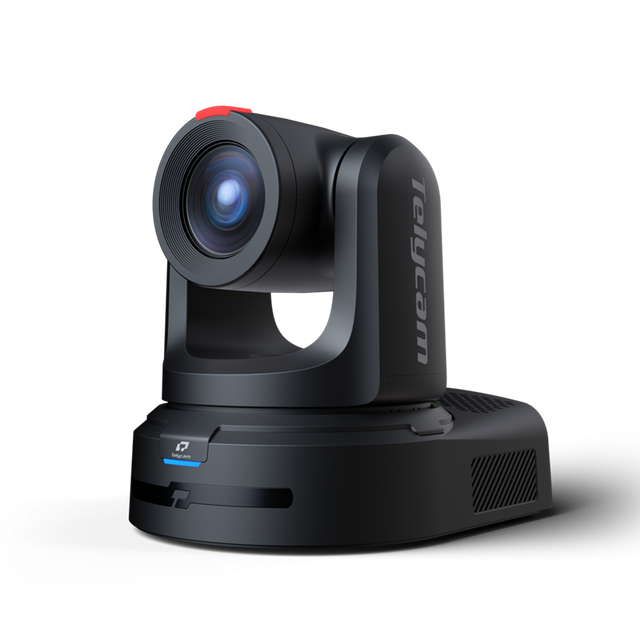 Black PTZ video conference camera, side view with extended lens barrel