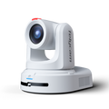 White PTZ video conference camera, front lens and pan-tilt base