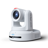 White PTZ video conference camera, front lens and pan-tilt base
