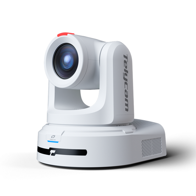 White PTZ video conference camera, front lens and pan-tilt base