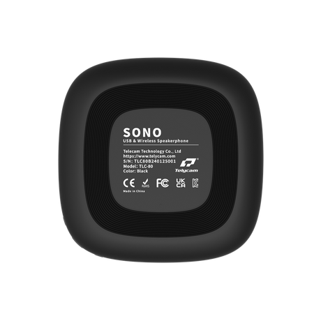 SONO speakerphone back panel with model label and regulatory icons