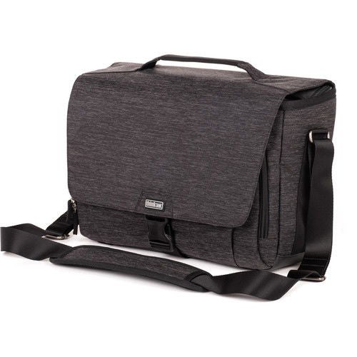 Think Tank Vision 15 camera bag angled view with front panel and side zipper, dark olive/gray