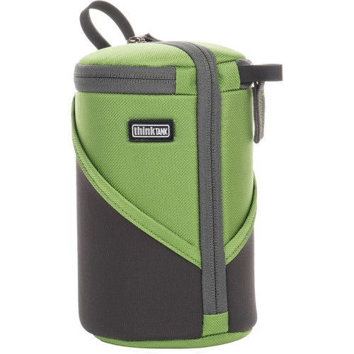 Green & dark gray lens case, side view with vertical zip, carry handle loop