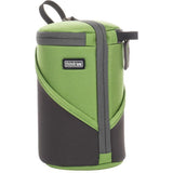 Green & dark gray lens case, side view with vertical zip, carry handle loop