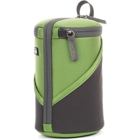 Green & dark gray lens case with top strap buckle and side pocket seam