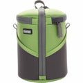 Green and dark gray lens case with top handle, padded sides, zip closure