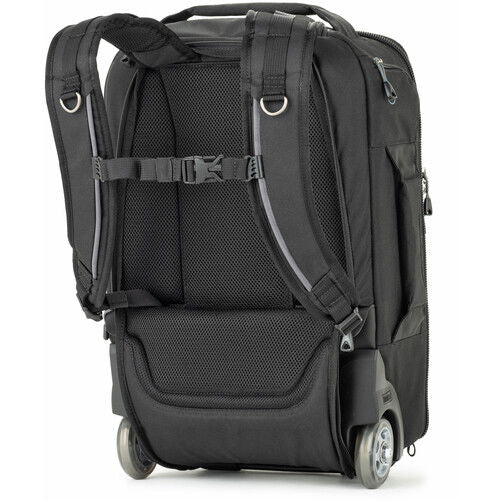 Top and side view of dark rolling backpack with padded shoulder straps and wheels