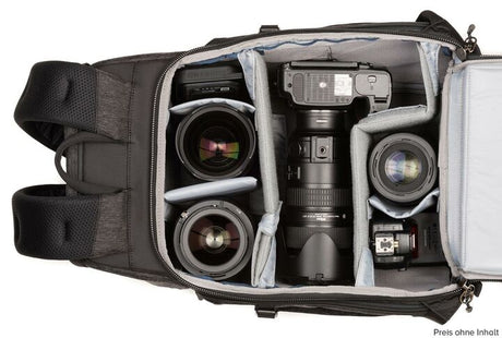 Rucsac foto gri cu interior pentru accesorii, echipament foto așezat în compartimente