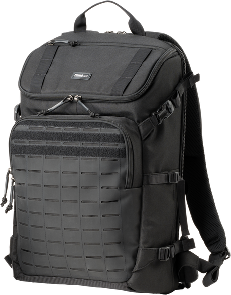 20L black backpack with top and front zip compartments and padded carry handle