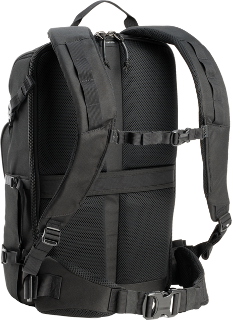 Black backpack with mesh back panel, adjustable shoulder straps, and padded carry handle