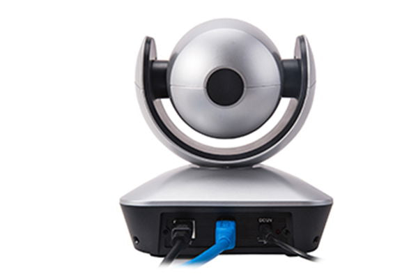 PTZ video conference camera front with lens, black underside ports and blue cable