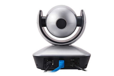 PTZ video conference camera front with lens, black underside ports and blue cable