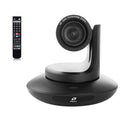 Black PTZ video conferencing camera with remote control, front view
