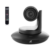 Black PTZ video conferencing camera with remote control, front view