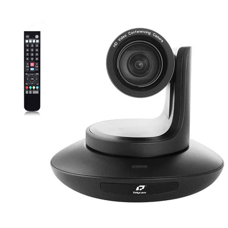 Black PTZ video conferencing camera with remote control, front view